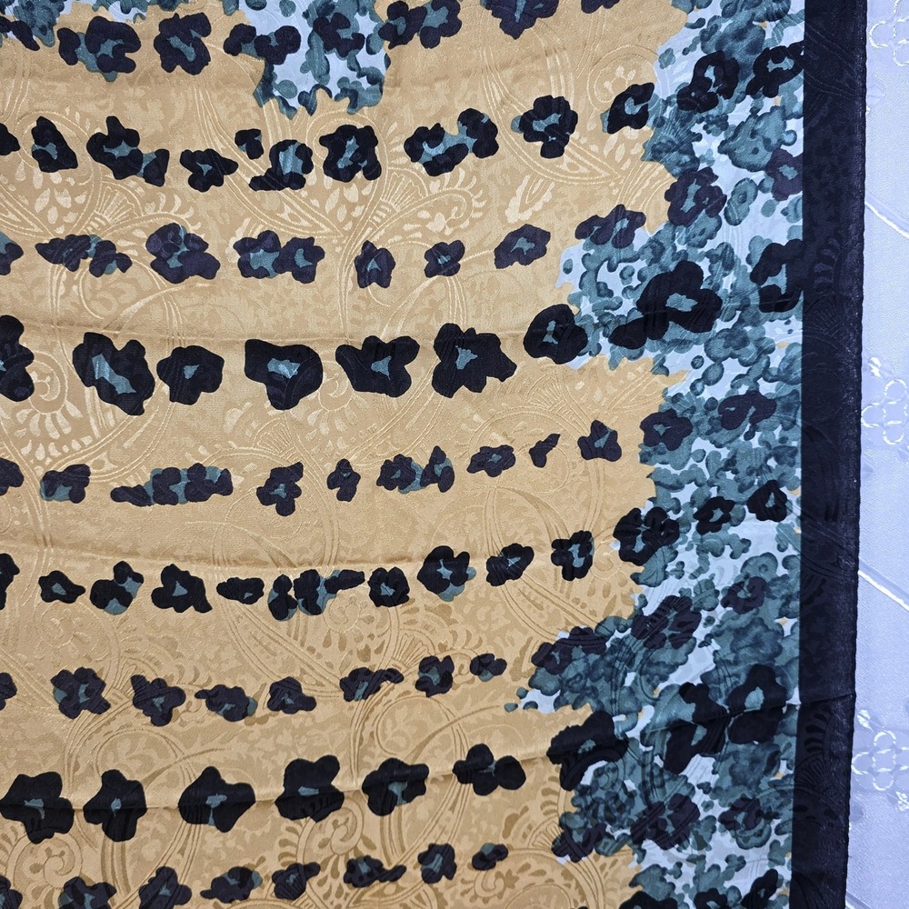 Anne Klein 100% Silk Scarf Leopard Floral Gold Green Black Square 34 Inch - Picture 7 of 8